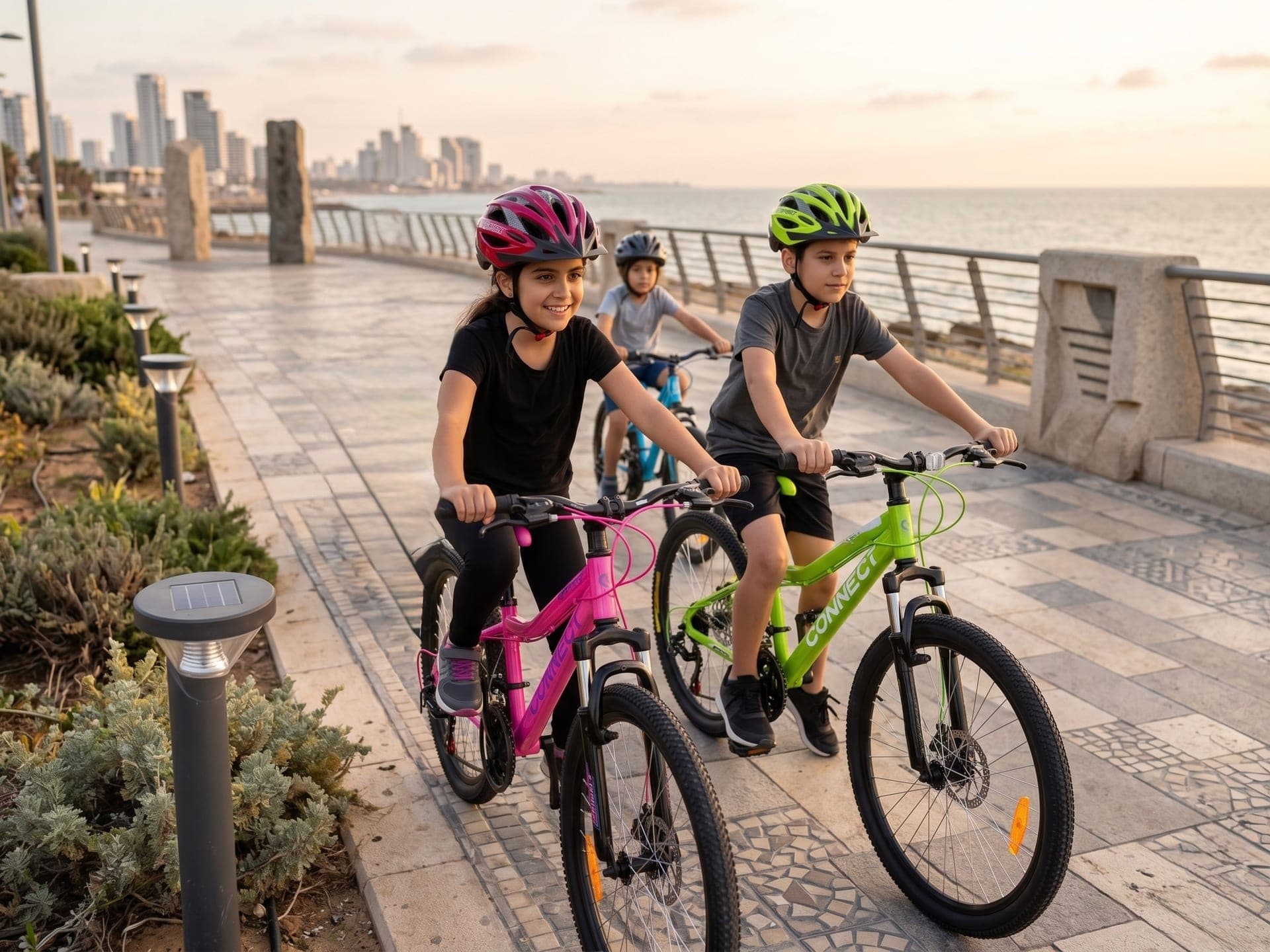 Kids riding Connect bikes along the Tel Aviv beach promenade at sunset