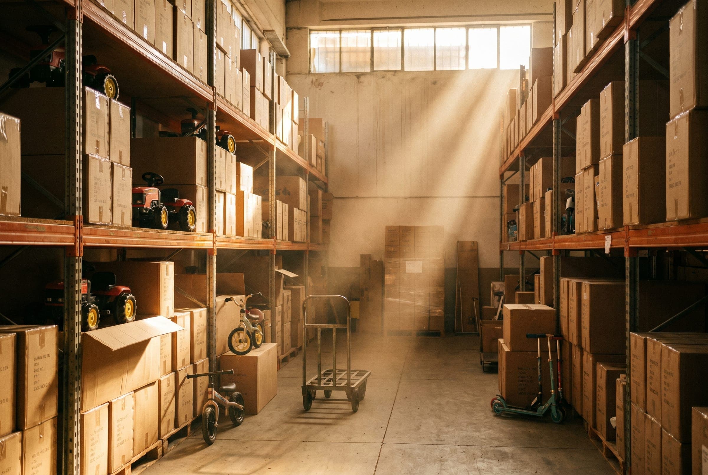 Morning light over racked cartons of ride-ons in the Hagog warehouse